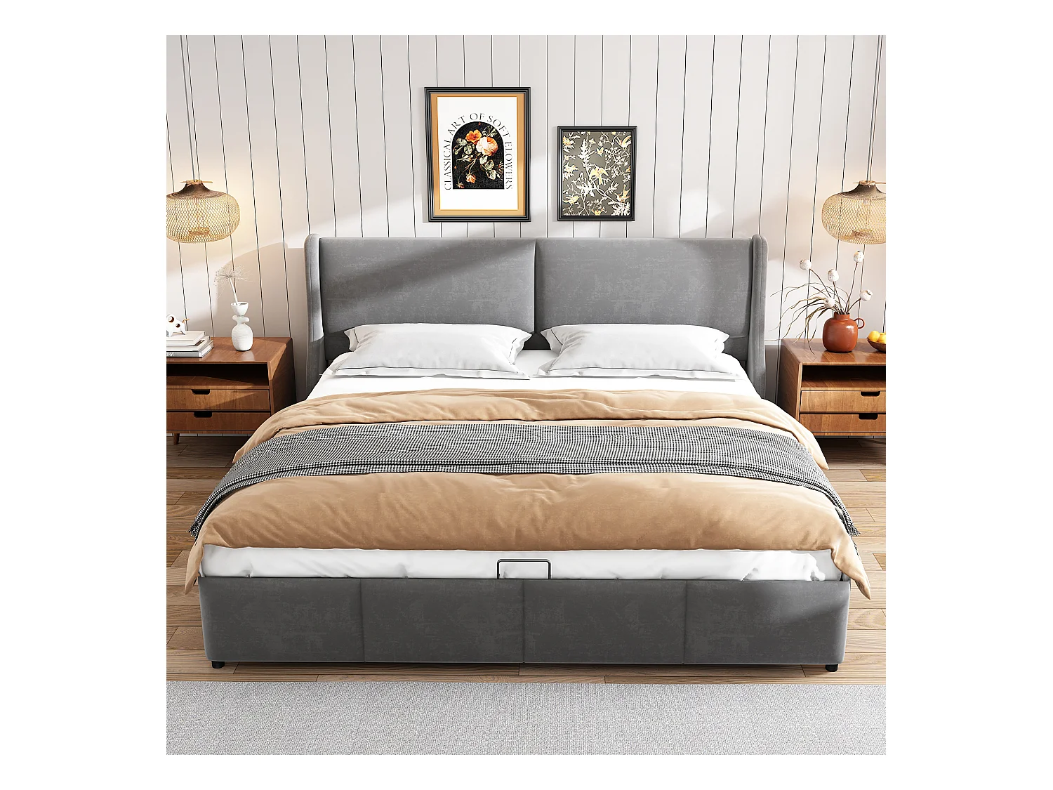 Lit coffre avec tête de lit - 160 x 200 cm - velours - sommier à lattes - style contemporain - gris