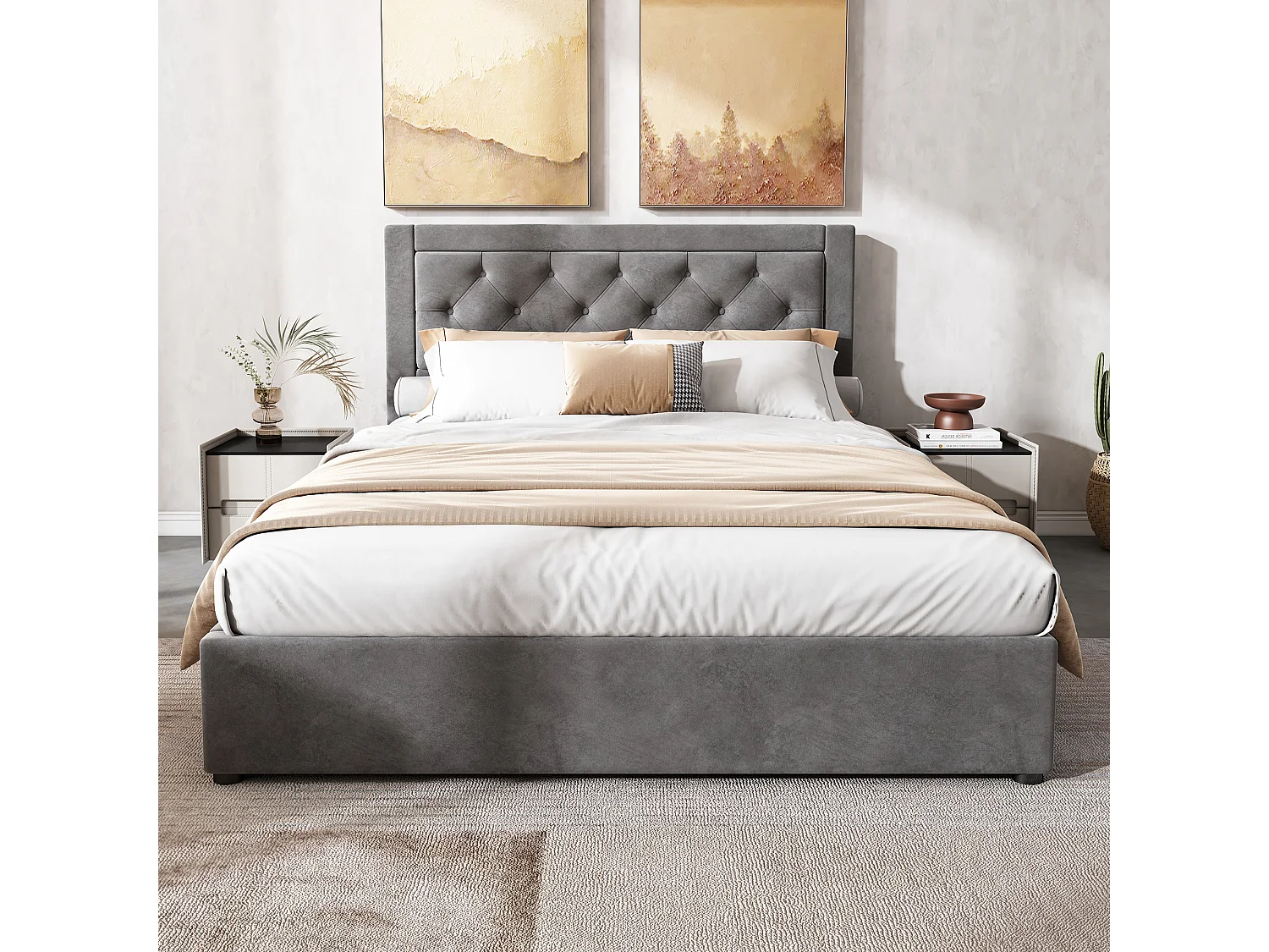 Opbergbed voor volwassenen 140 x 200 cm in fluweel - Bilaterale opening - Chesterfield-stijl - Grijs