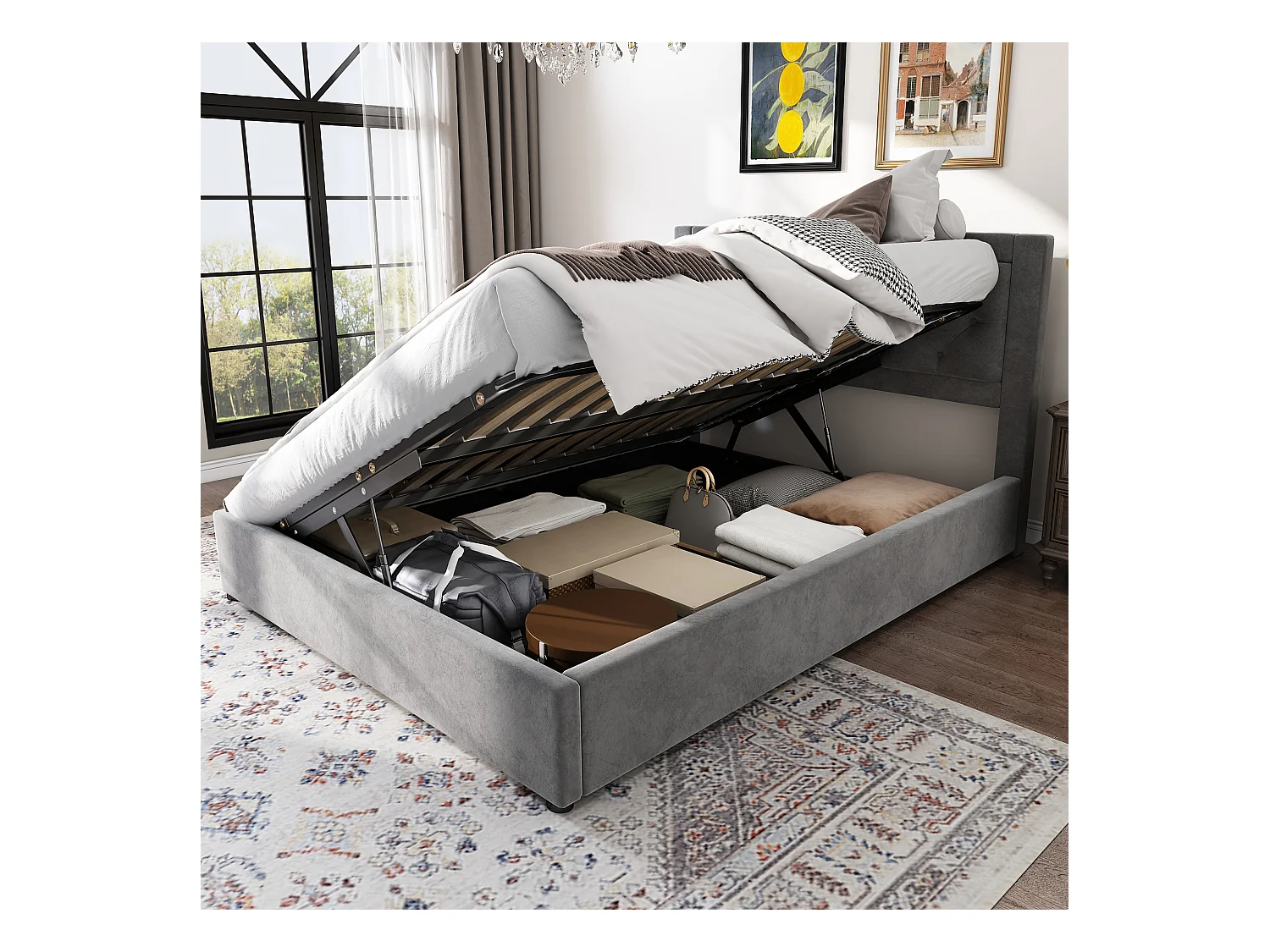 Opbergbed voor volwassenen 140 x 200 cm in fluweel - Bilaterale opening - Chesterfield-stijl - Grijs