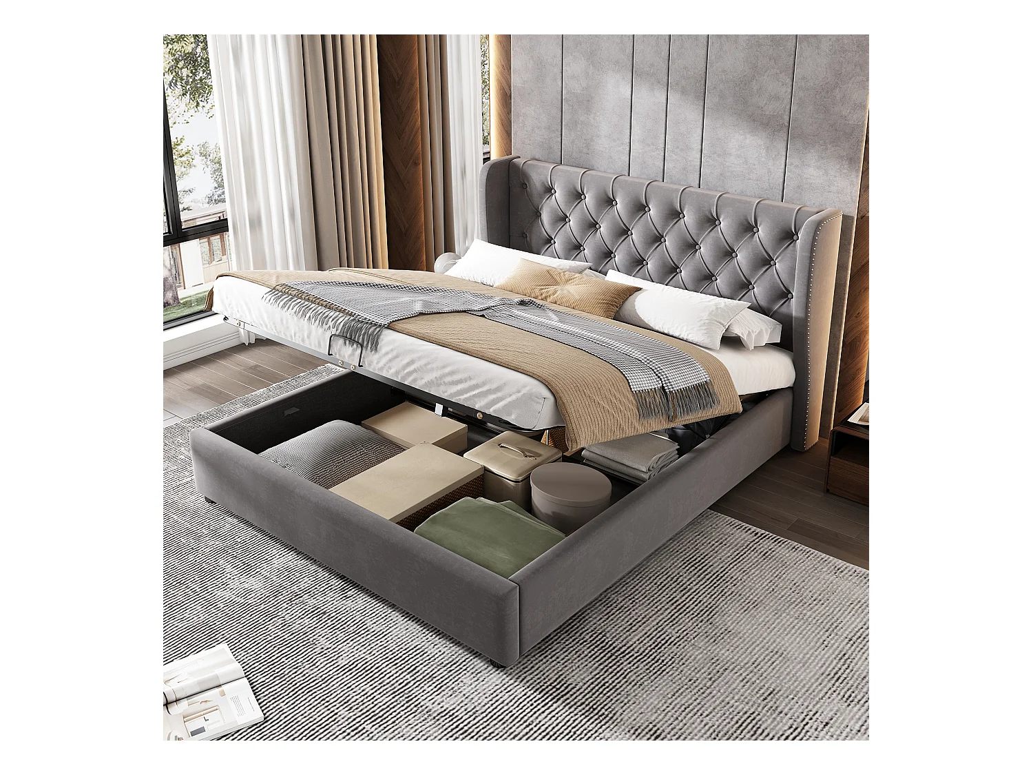 Lit coffre adulte 140 x 190 cm en velours - sommier à lattes - Style chesterfield - Gris