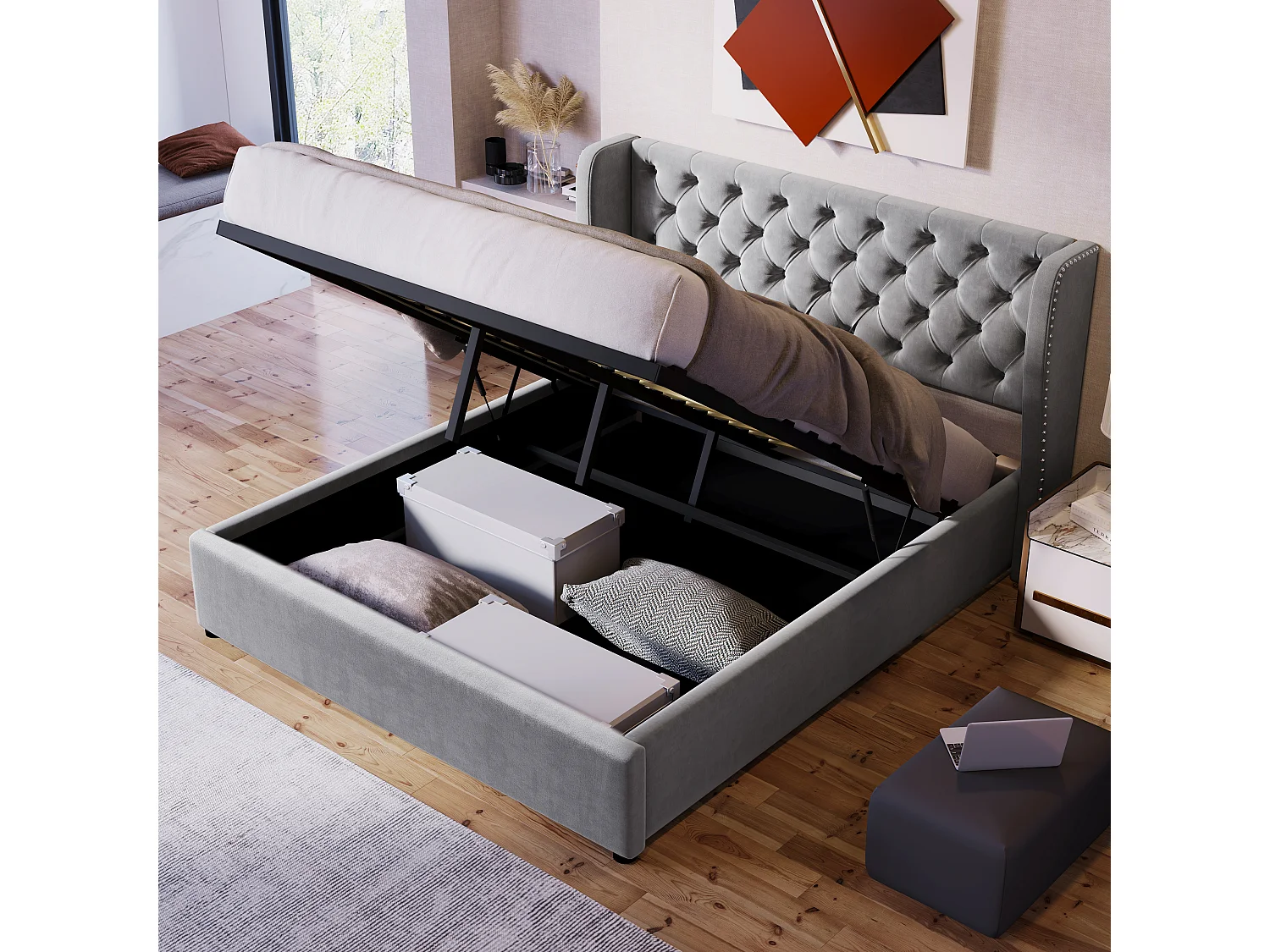 Łóżko dla dorosłych ze schowkiem 140 x 190 cm aksamitne - stelaż z listew - styl Chesterfield - szare