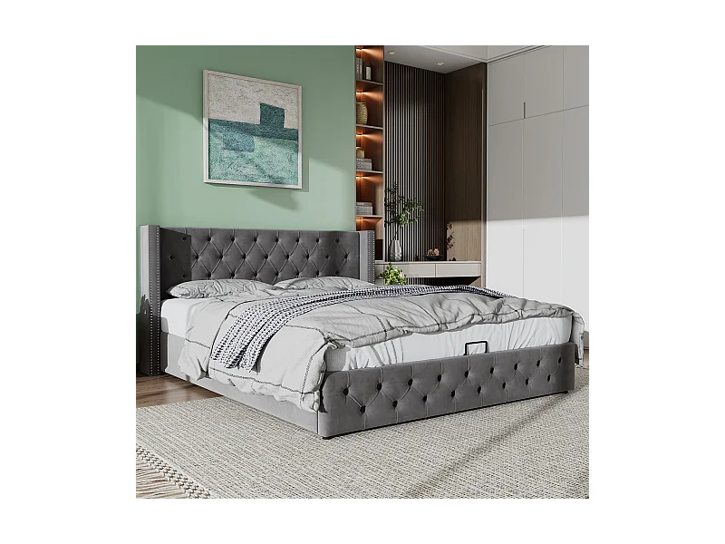 Bett mit Stauraum 180 x 200 cm aus Samt – Bett für Erwachsene mit Nietenverzierung – skandinavischer Stil – Grau