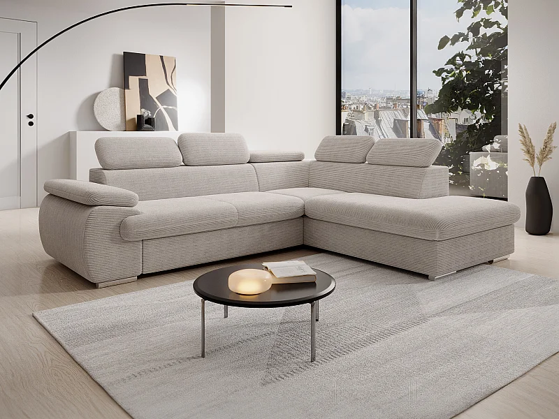 Canapé d'angle droit convertible en velours côtelé beige FABIEN