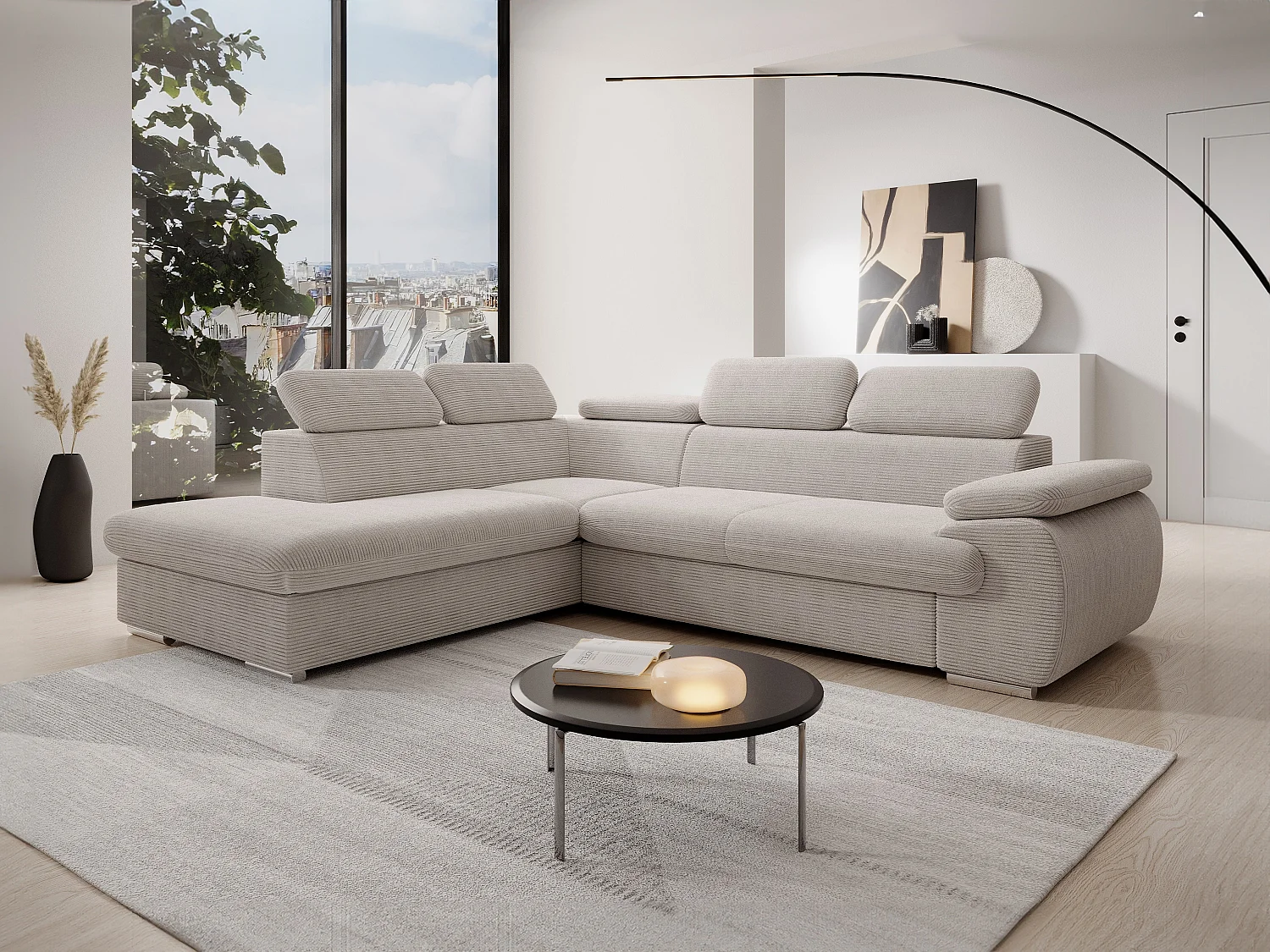 Canapé d'angle gauche convertible en velours côtelé beige FABIEN