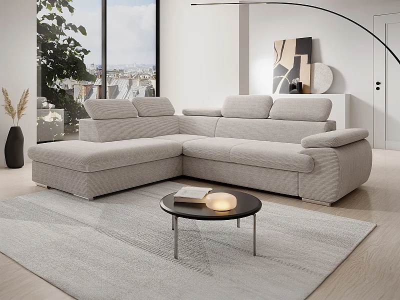 Vänstervänd bäddsoffa i beige manchestersammet FABIEN