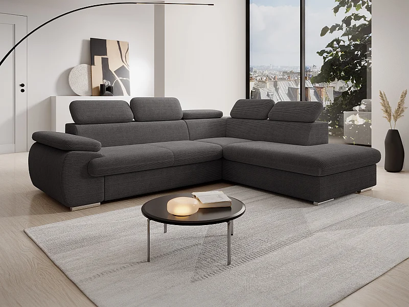 Canapé d'angle droit convertible en velours côtelé gris foncé FABIEN