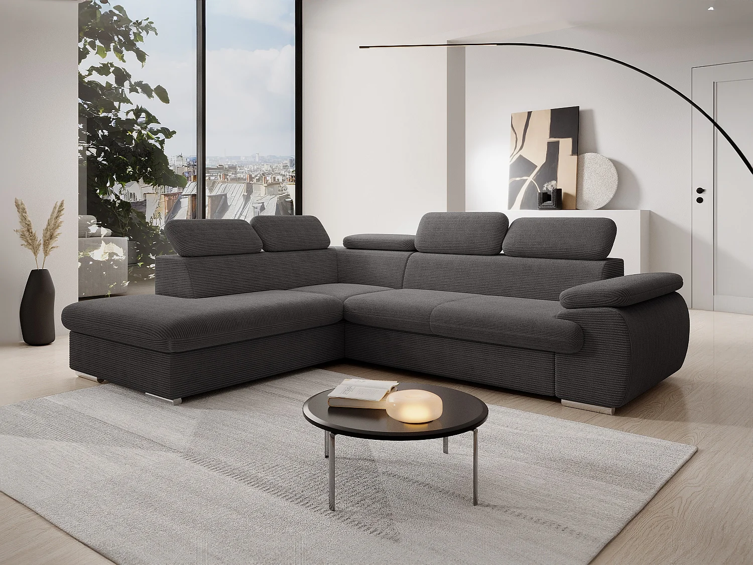 Divano letto in Velluto a coste Antracite - Angolo a sinistra - FABIEN