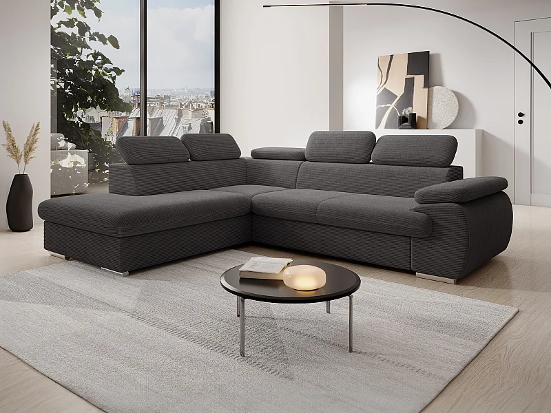 Canapé d'angle gauche convertible en velours côtelé gris foncé FABIEN
