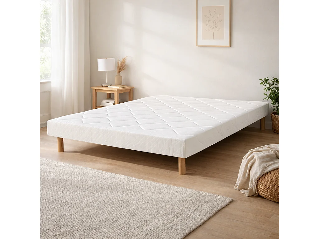 Sommier tapissier, blanc, Gamme Prestige Hôtel, bois massif + pieds offerts