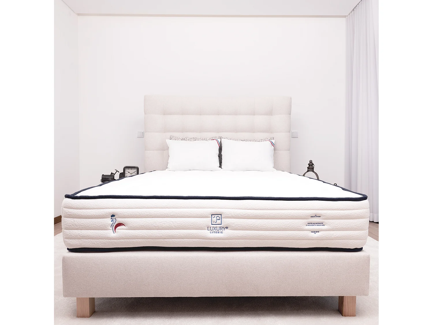 Sommier tapissier 140x200, beige, Gamme Prestige Hôtel, bois massif + pieds offerts