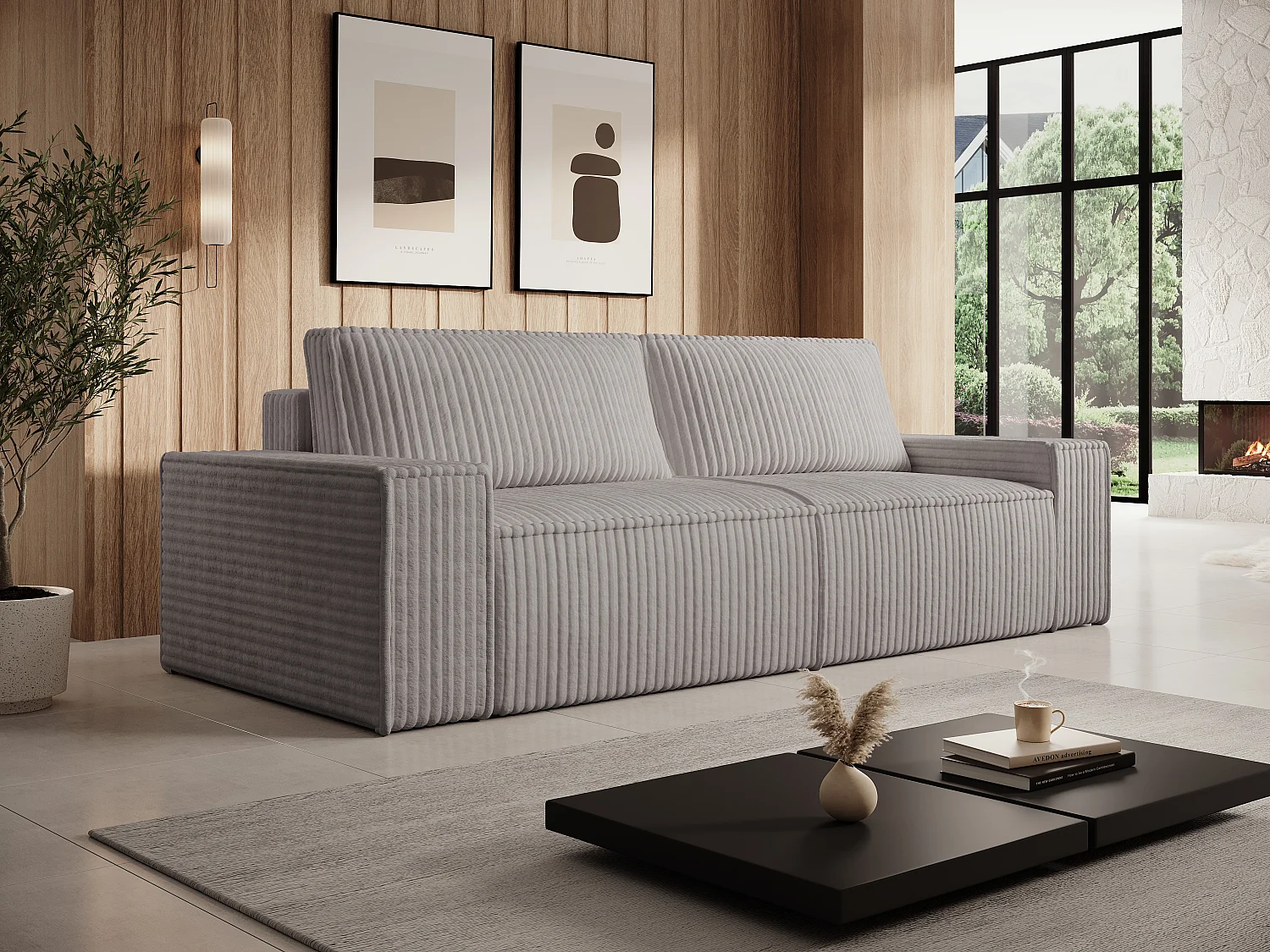 Sofá cama de 4 plazas convertible de pana anchas color gris claro AMELIA