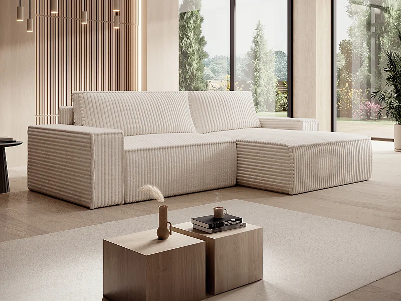 Ecksofa mit Schlaffunktion - Ecke rechts - grob gerippter Cord - Beige - AMELIA