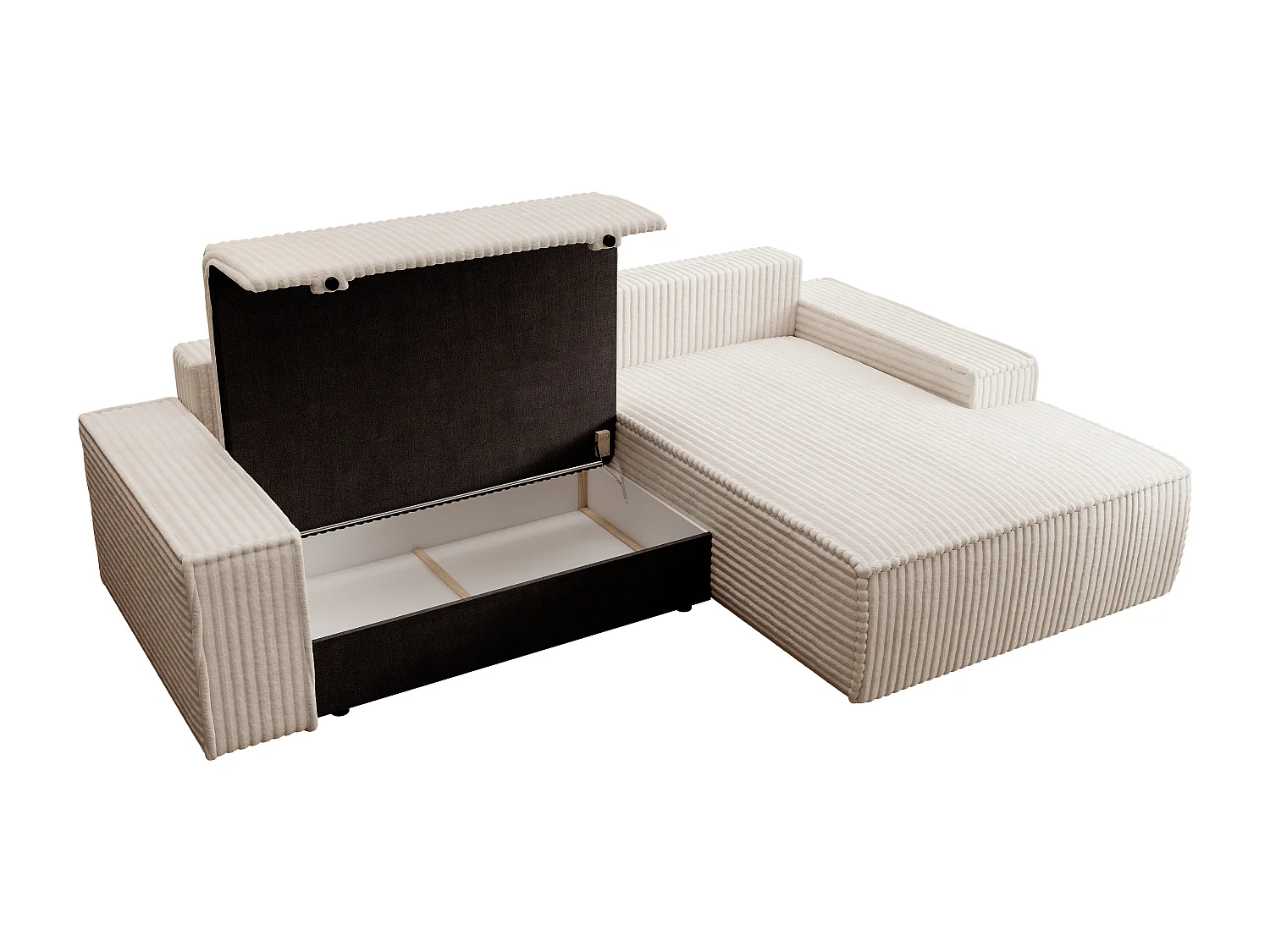 Canapé d'angle droit convertible en velours côtelé grosses côtes beige AMELIA