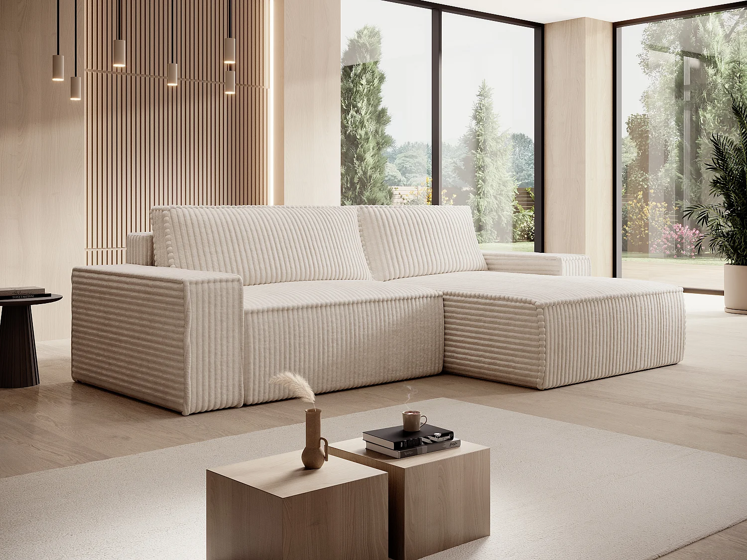 Canapé d'angle droit convertible en velours côtelé grosses côtes beige AMELIA