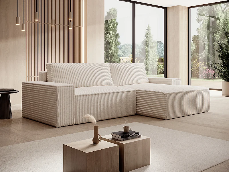 Divano letto in Velluto a coste grosse Beige - Angolo a destra - AMELIA