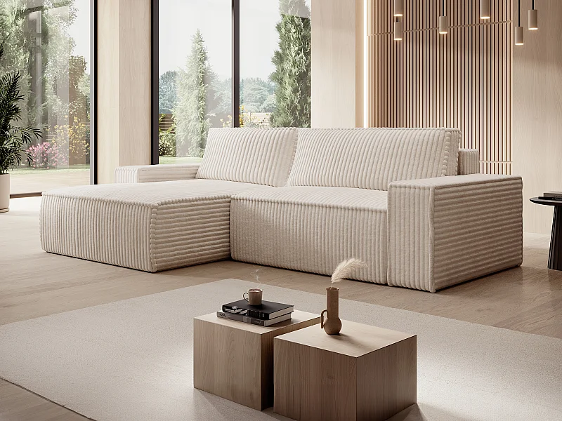 Ecksofa mit Schlaffunktion - Ecke links - grob gerippter Cord - Beige - AMELIA