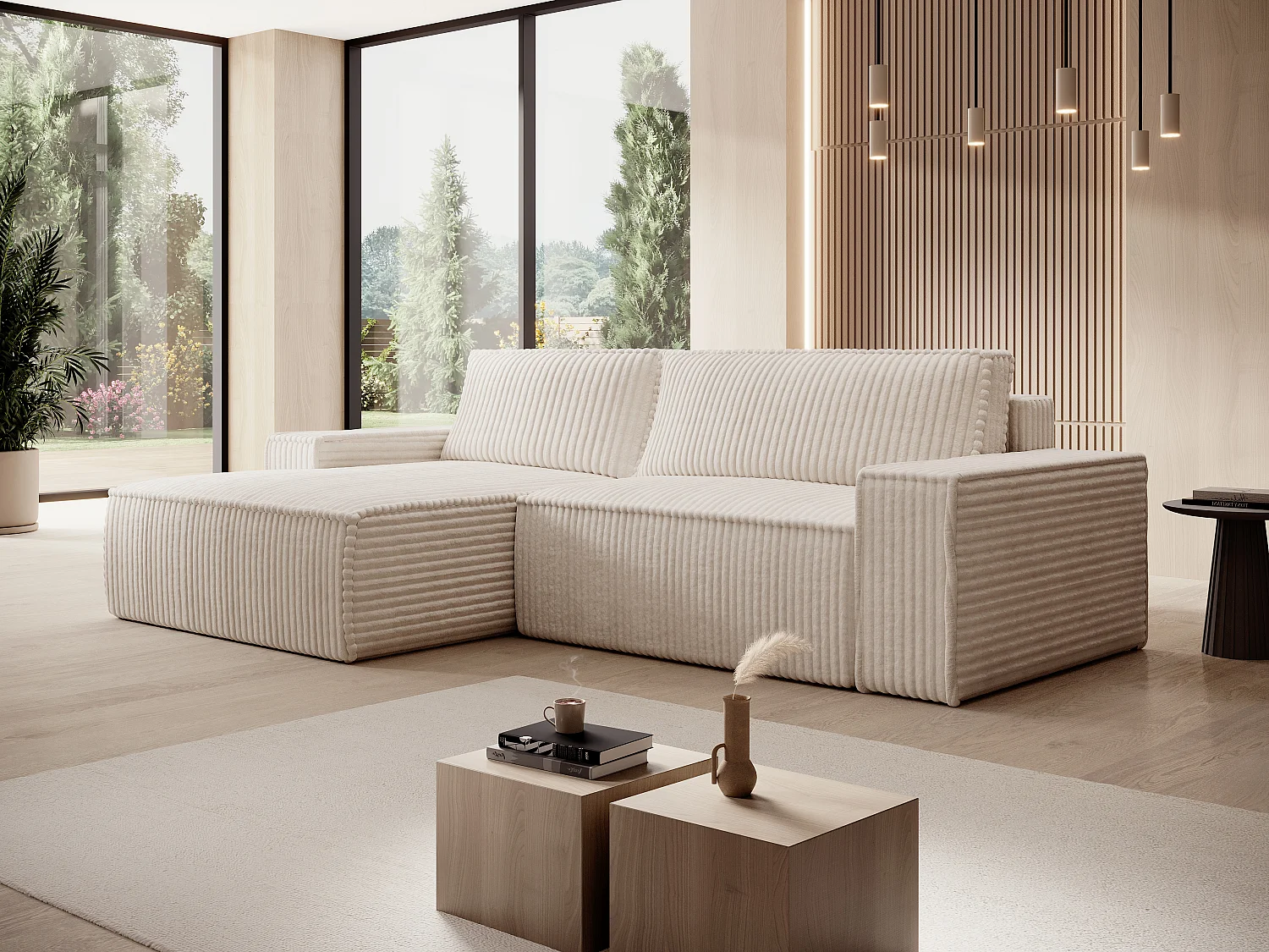 Ecksofa mit Schlaffunktion - Ecke links - grob gerippter Cord - Beige - AMELIA