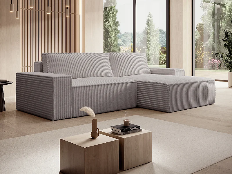 Canapé d'angle droit convertible en velours côtelé grosses côtes gris clair AMELIA