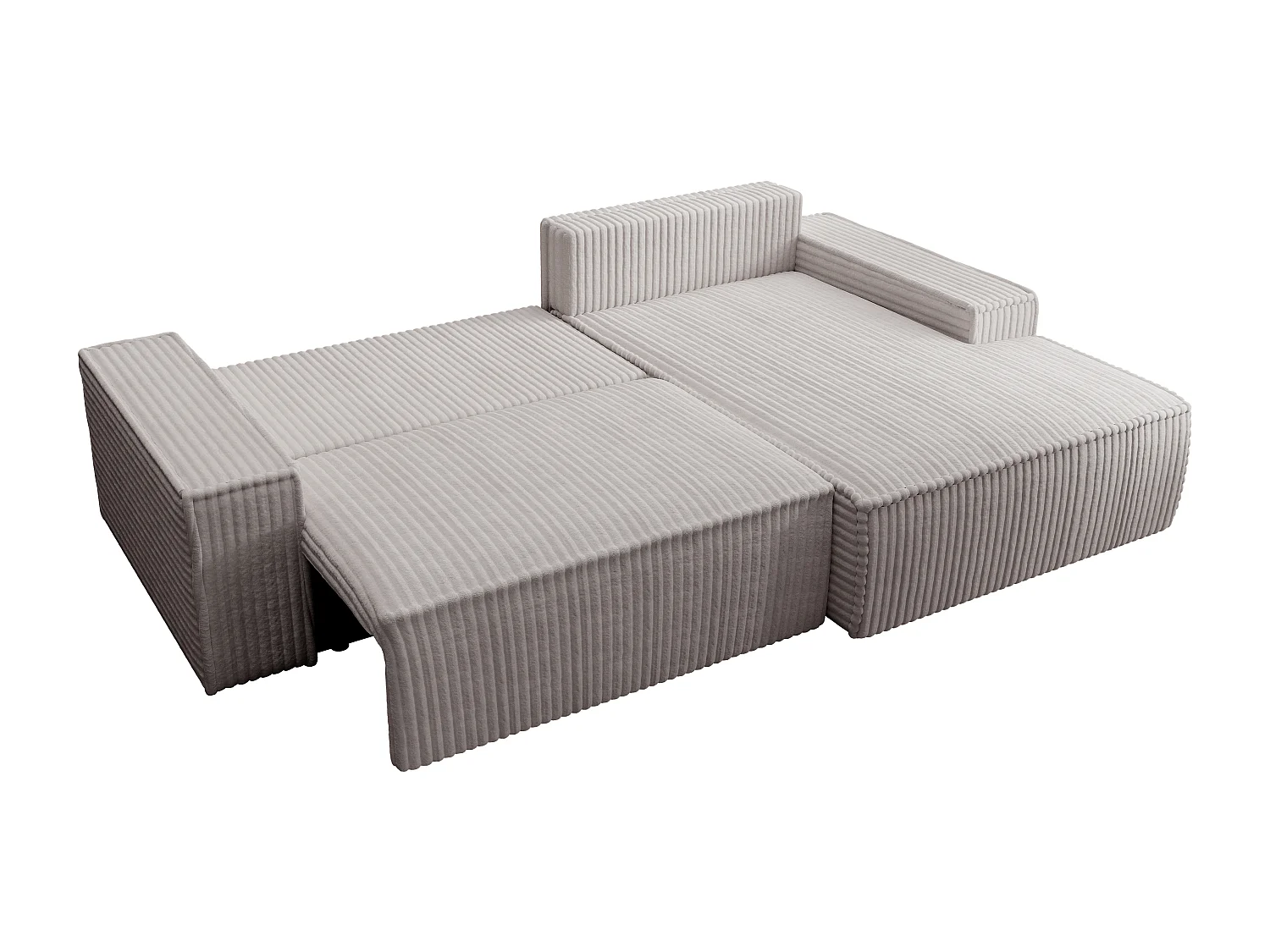 Kanapa narożna prawostronna rozkładana z szeroko prążkowanego jasnoszarego sztruksu - AMELIA