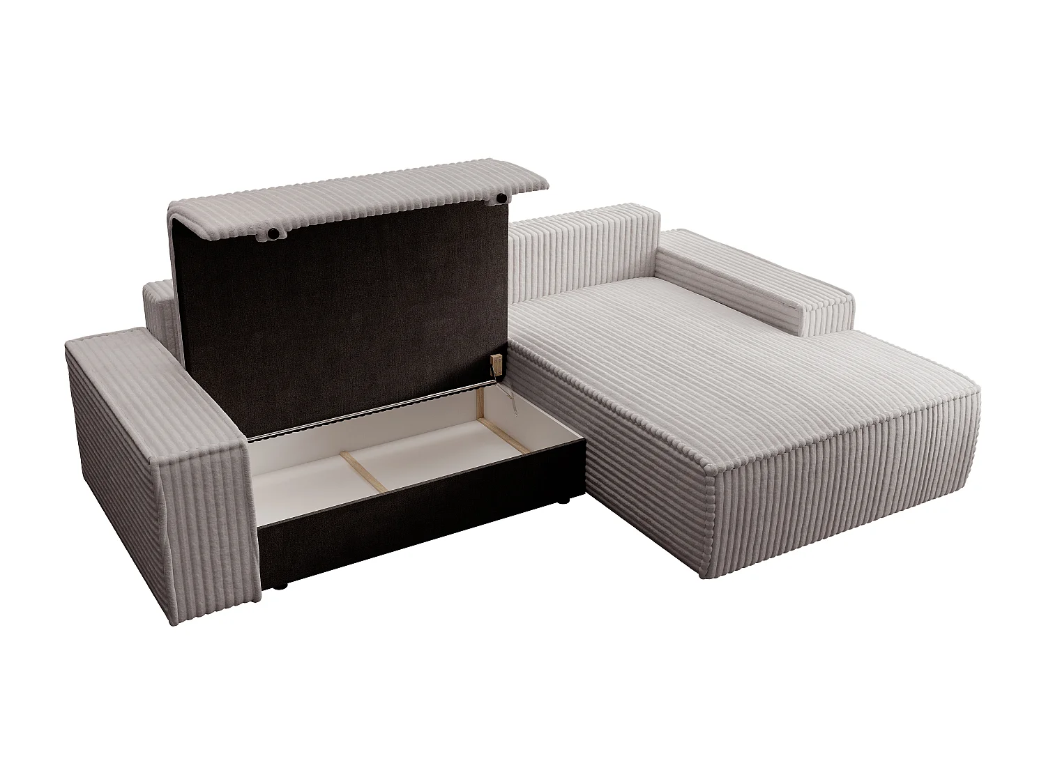 Kanapa narożna prawostronna rozkładana z szeroko prążkowanego jasnoszarego sztruksu - AMELIA