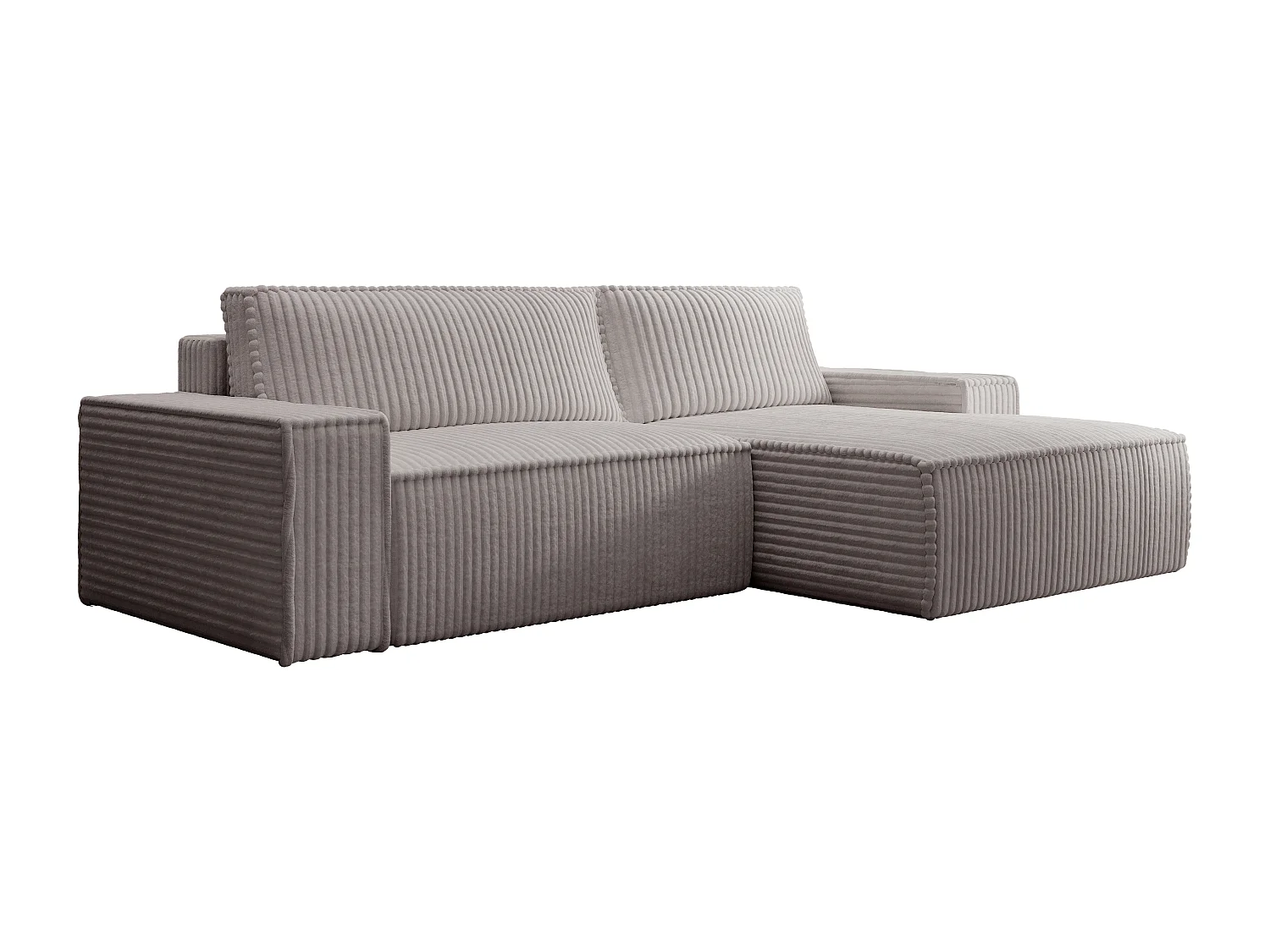 Kanapa narożna prawostronna rozkładana z szeroko prążkowanego jasnoszarego sztruksu - AMELIA