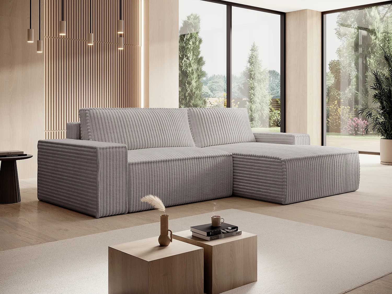 Divano letto in Velluto a coste grosse Grigio - Angolo a destra - AMELIA