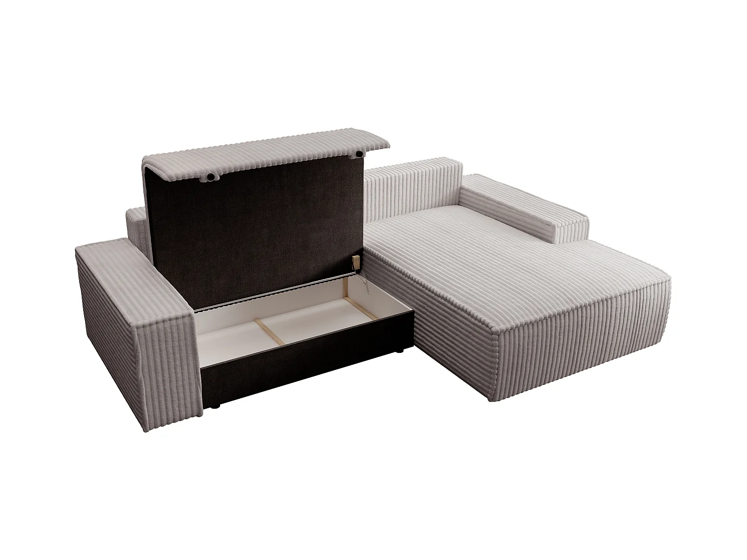 Hoekslaapbank met hoek rechts van lichtgrijs ribfluweel met brede ribbels AMELIA
