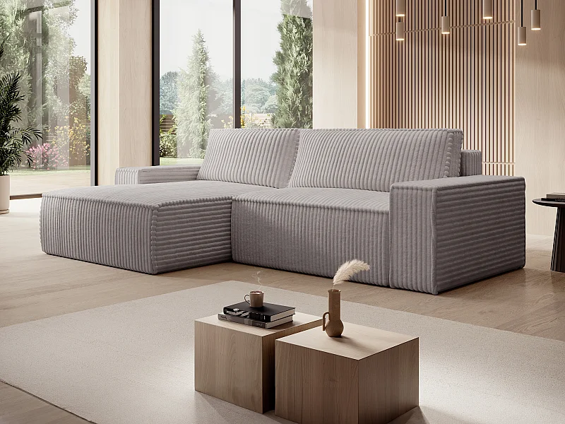 Sofá rinconera izquierda de pana gris claro AMELIA