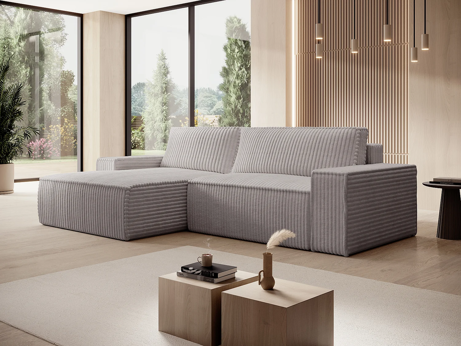 Canapé d'angle gauche convertible en velours côtelé grosses côtes gris clair AMELIA