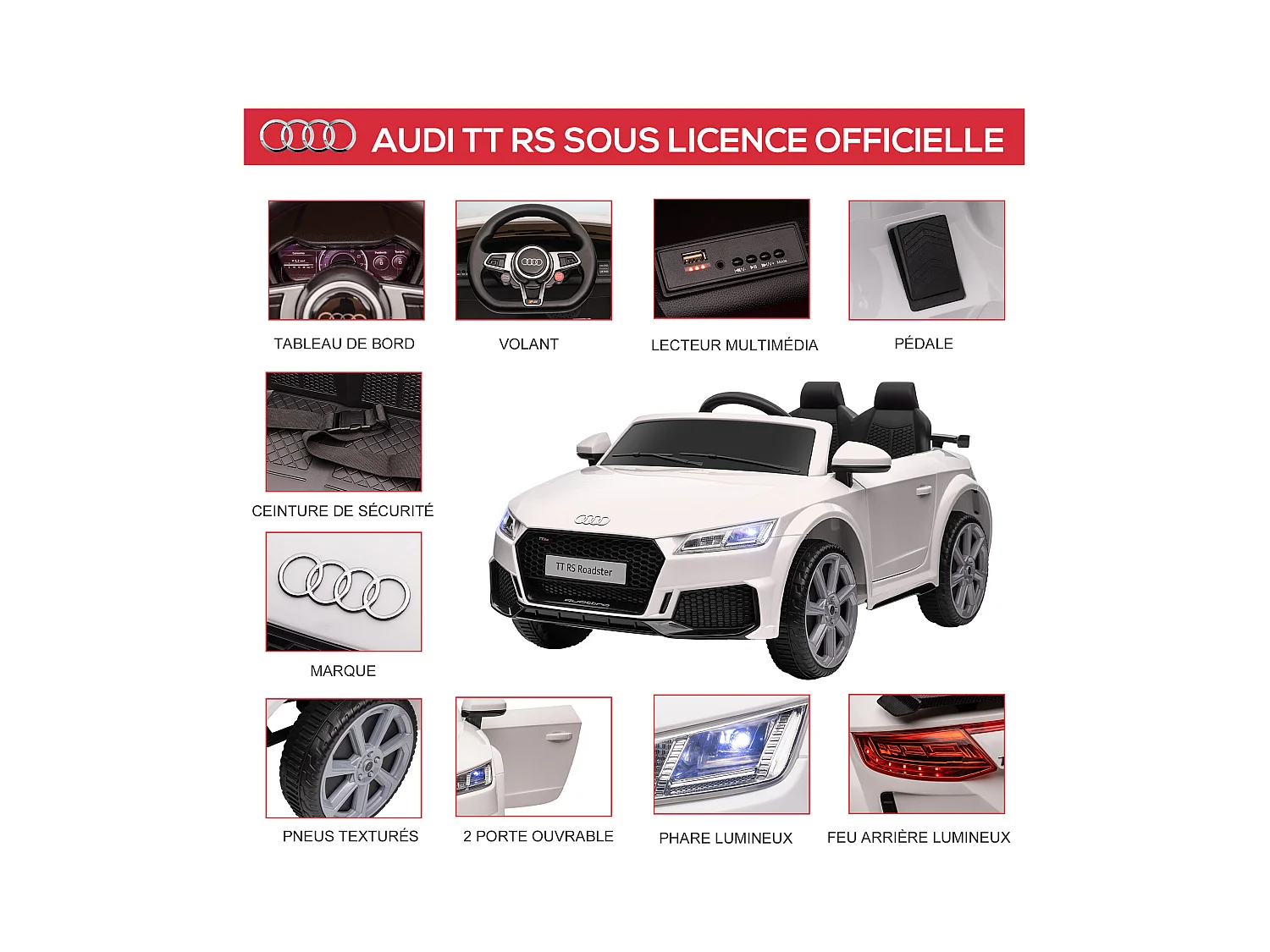 Véhicule électrique enfant TT RS 12 V 35 W V. max. 3 Km/h télécommande effets sonores + lumineux blanc