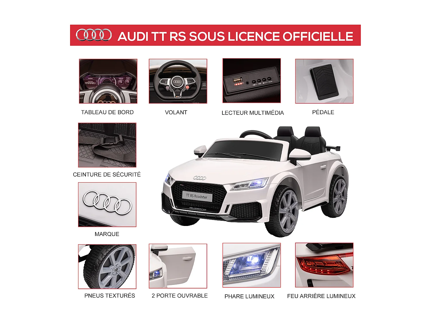 Véhicule électrique enfant TT RS 12 V 35 W V. max. 3 Km/h télécommande effets sonores + lumineux blanc