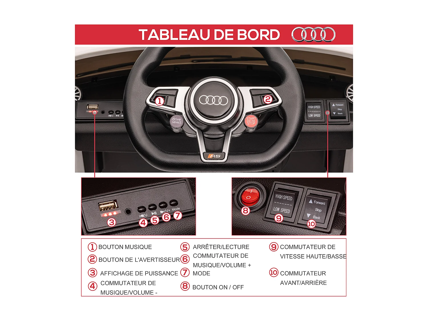 Véhicule électrique enfant TT RS 12 V 35 W V. max. 3 Km/h télécommande effets sonores + lumineux blanc