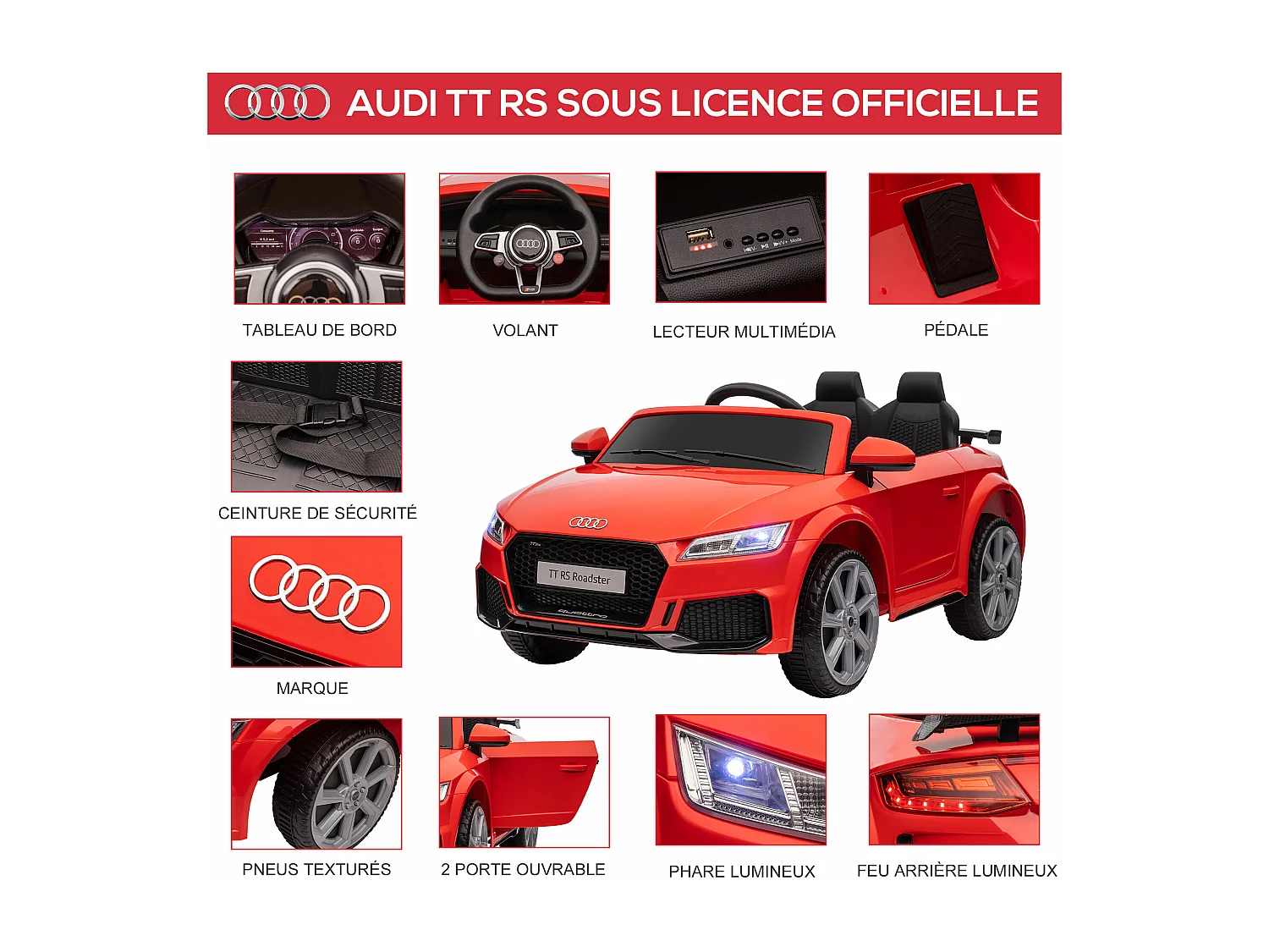 Véhicule électrique enfant TT RS 12 V 35 W V. max. 3 Km/h télécommande effets sonores + lumineux rouge