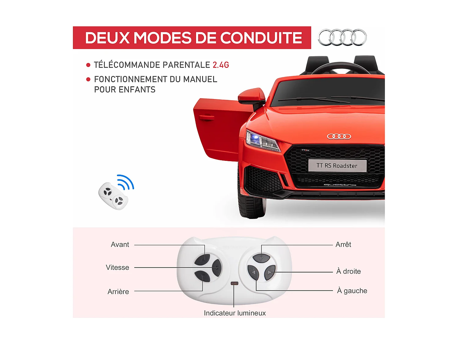 Véhicule électrique enfant TT RS 12 V 35 W V. max. 3 Km/h télécommande effets sonores + lumineux rouge