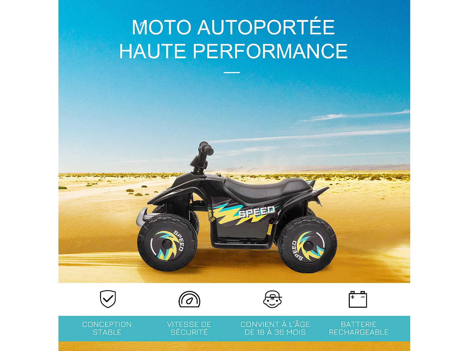 Quad électrique enfant - voiture électrique enfant - marche AV, AR - 6 V, V. max. 4,6 Km/h - noir
