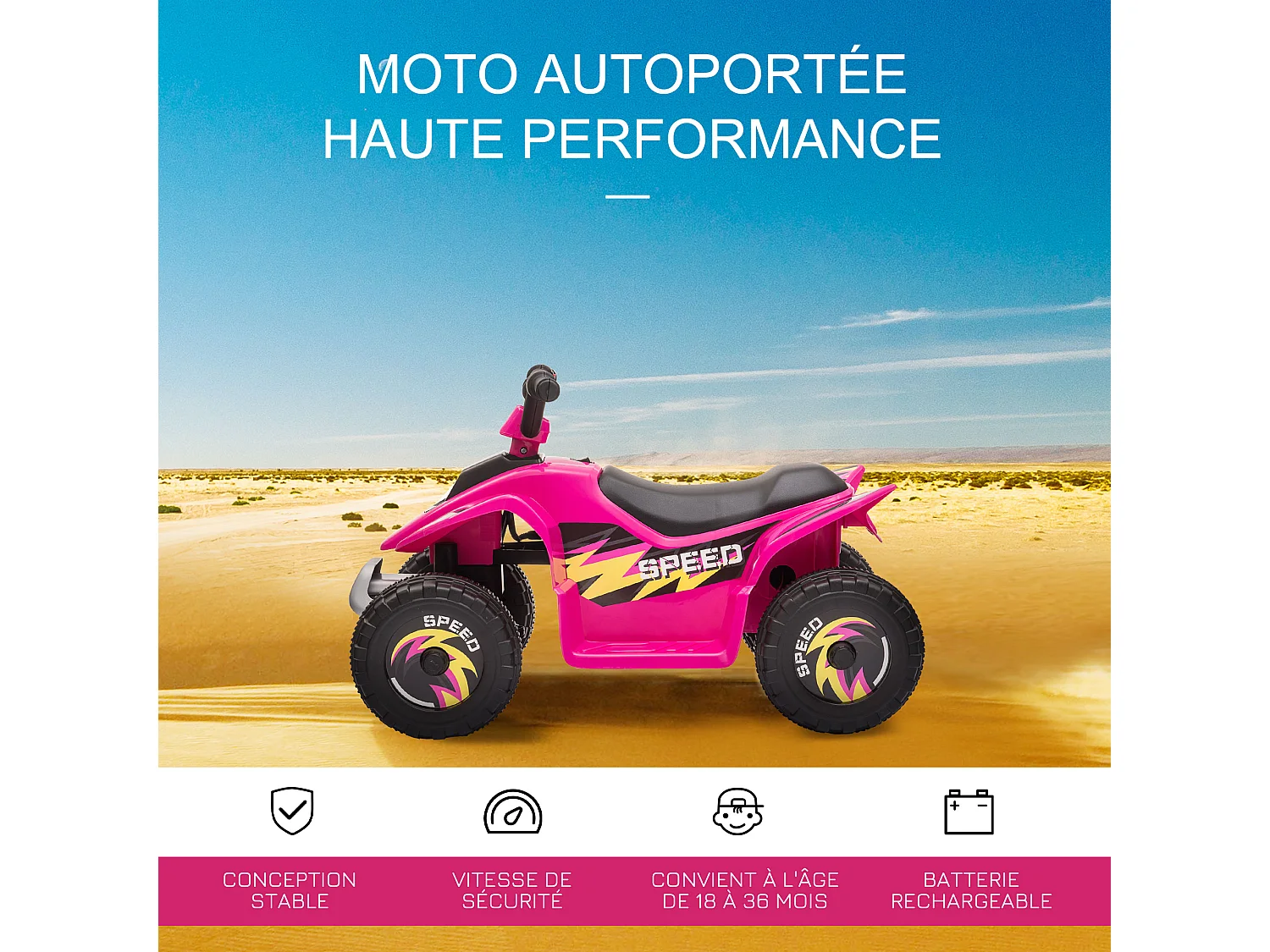 Quad électrique enfant - voiture électrique enfant - marche AV, AR - 6 V, V. max. 4,6 Km/h - rose