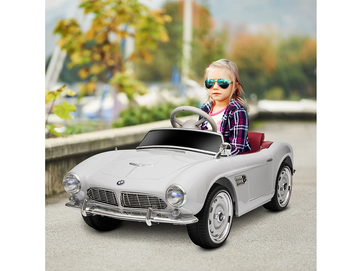 Voiture électrique enfant rétro BMW 507 - V. max. 5 Km/h effets sonores, lumineux, télécommande - blanc