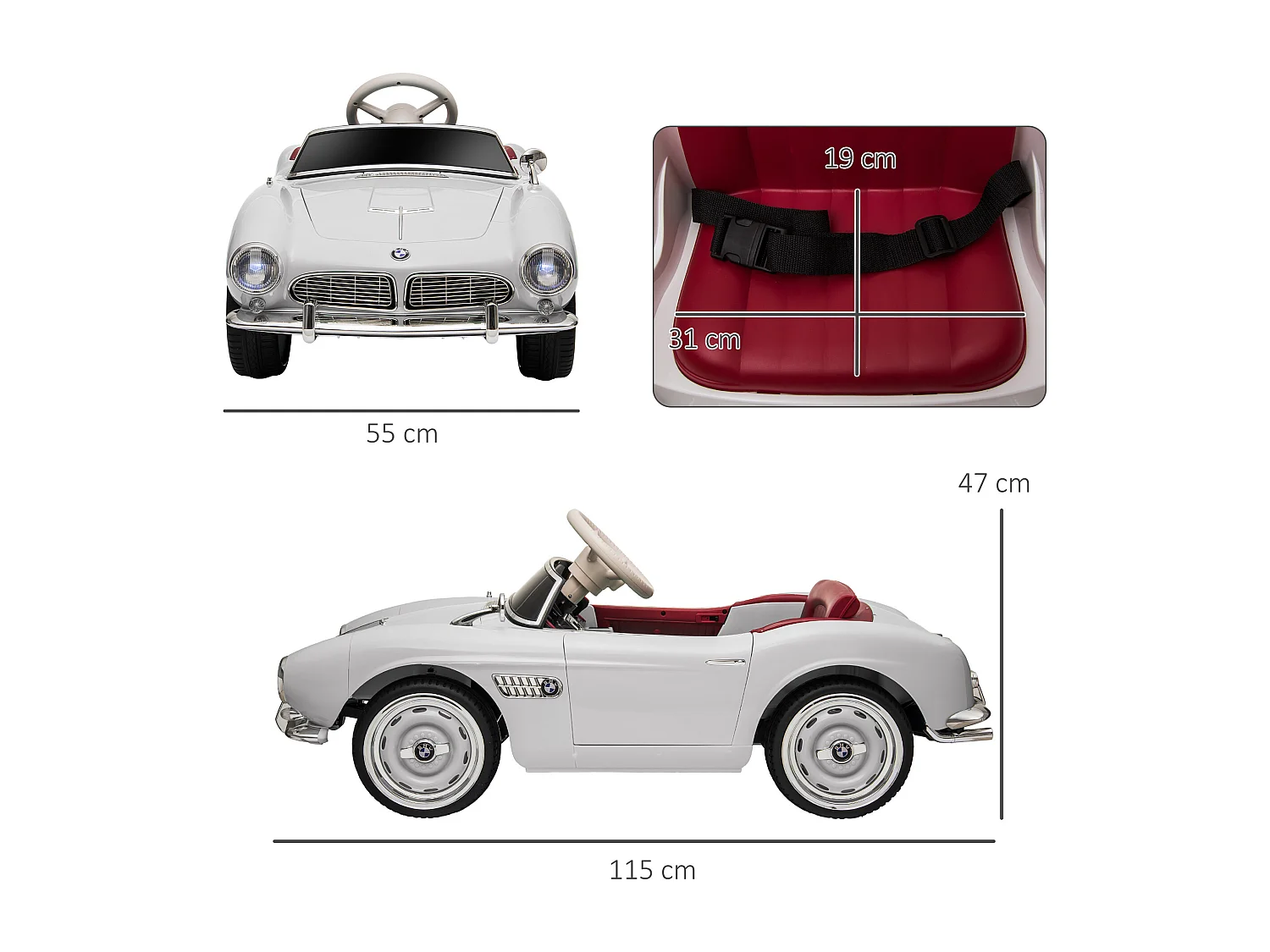 Voiture électrique enfant rétro BMW 507 - V. max. 5 Km/h effets sonores, lumineux, télécommande - blanc