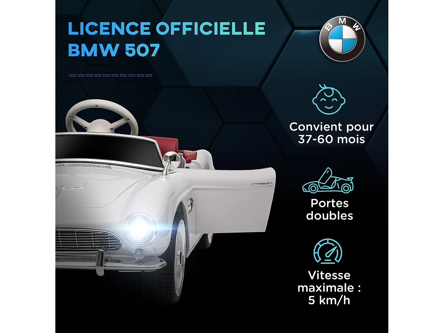 Voiture électrique enfant rétro BMW 507 - V. max. 5 Km/h effets sonores, lumineux, télécommande - blanc