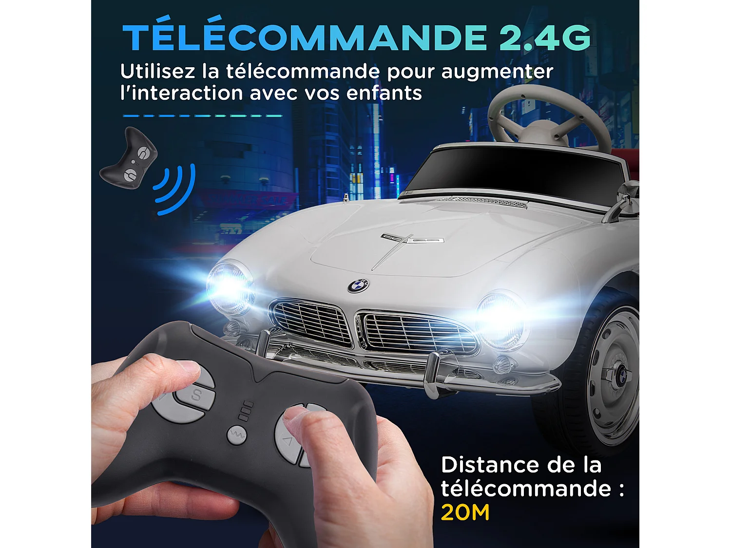 Voiture électrique enfant rétro BMW 507 - V. max. 5 Km/h effets sonores, lumineux, télécommande - blanc