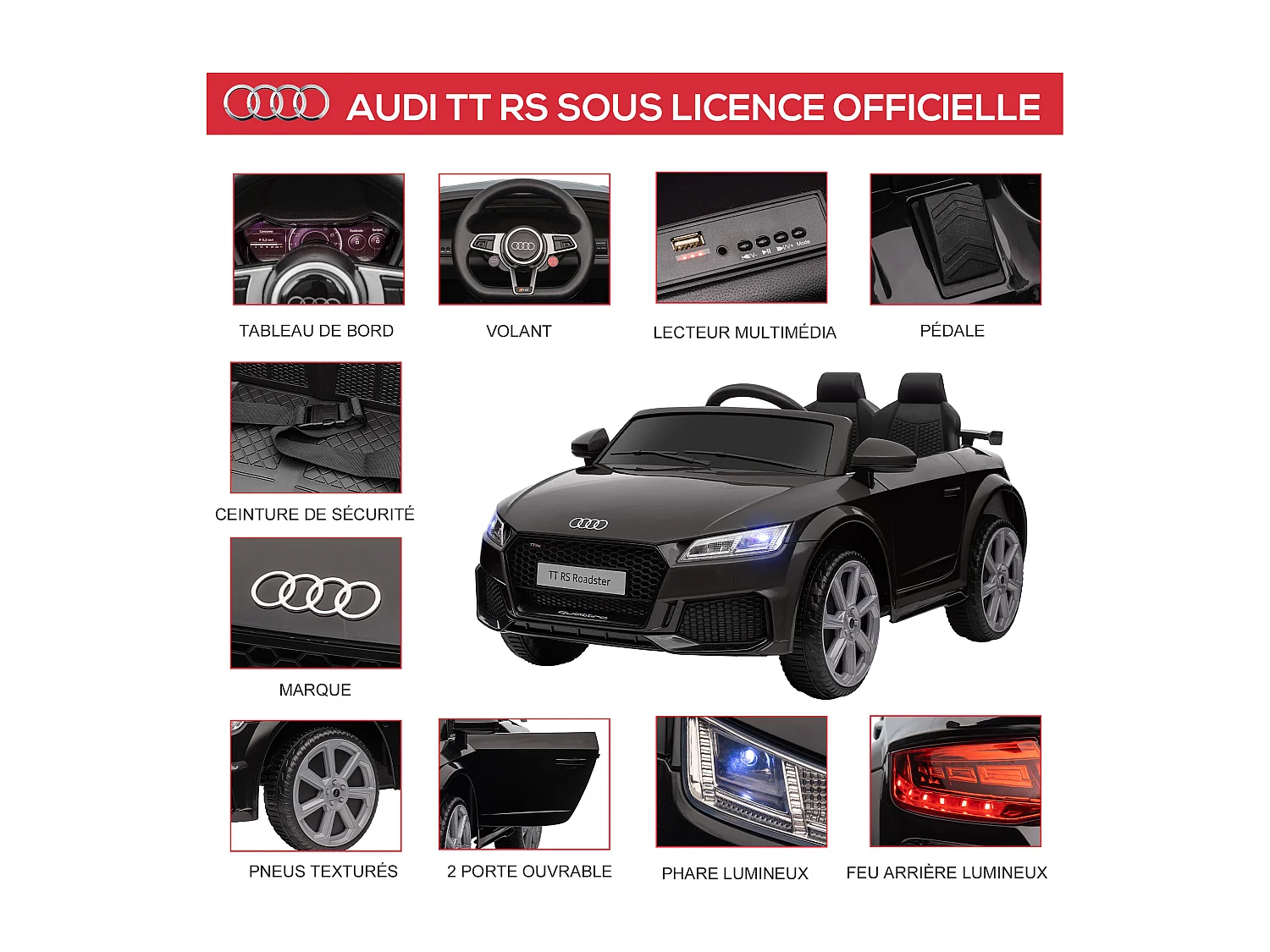 Véhicule électrique enfant TT RS 12 V 35 W V. max. 3 Km/h télécommande effets sonores + lumineux noir