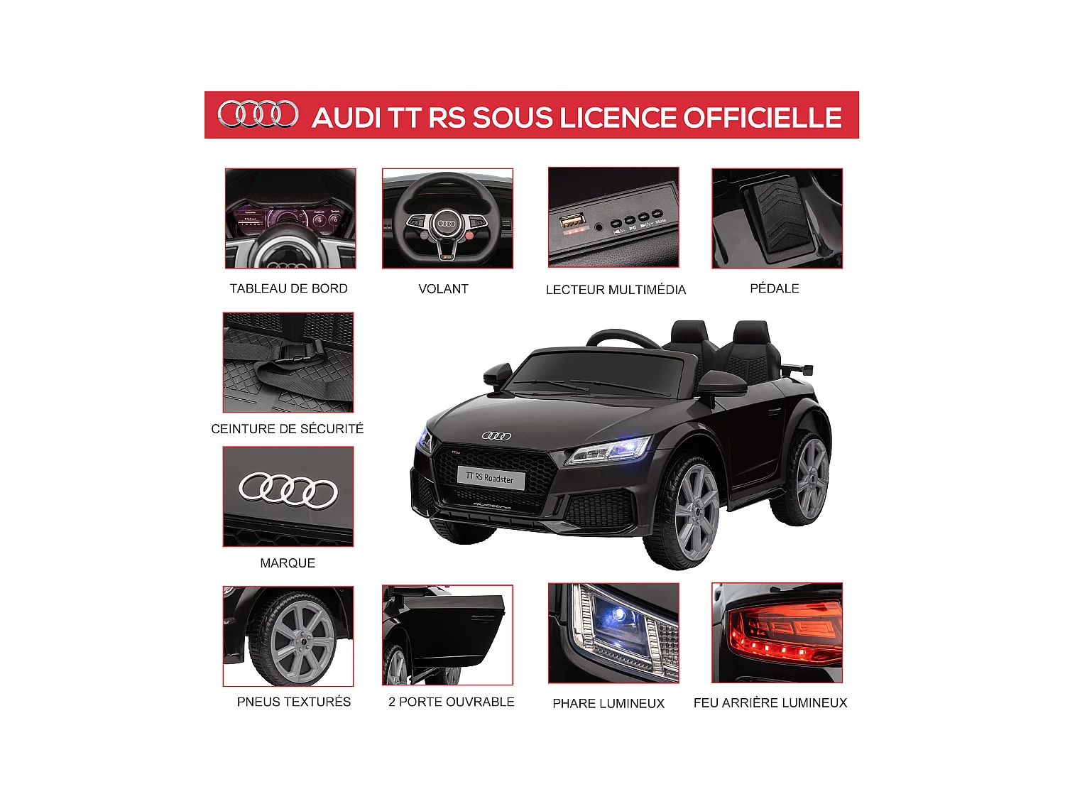 Véhicule électrique enfant TT RS 12 V 35 W V. max. 3 Km/h télécommande effets sonores + lumineux noir