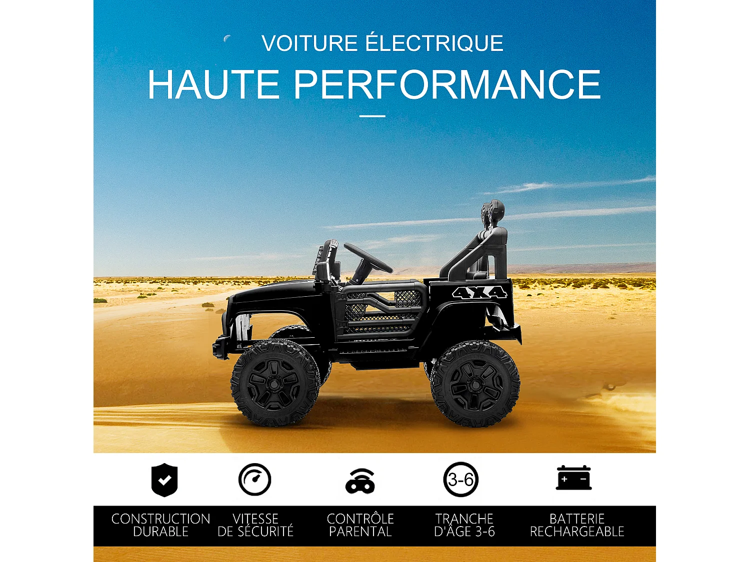 Voiture 4x4 électrique enfant 2 moteurs 35 W 5 Km/h max. télécommande incluse effets lumineux sonores noir