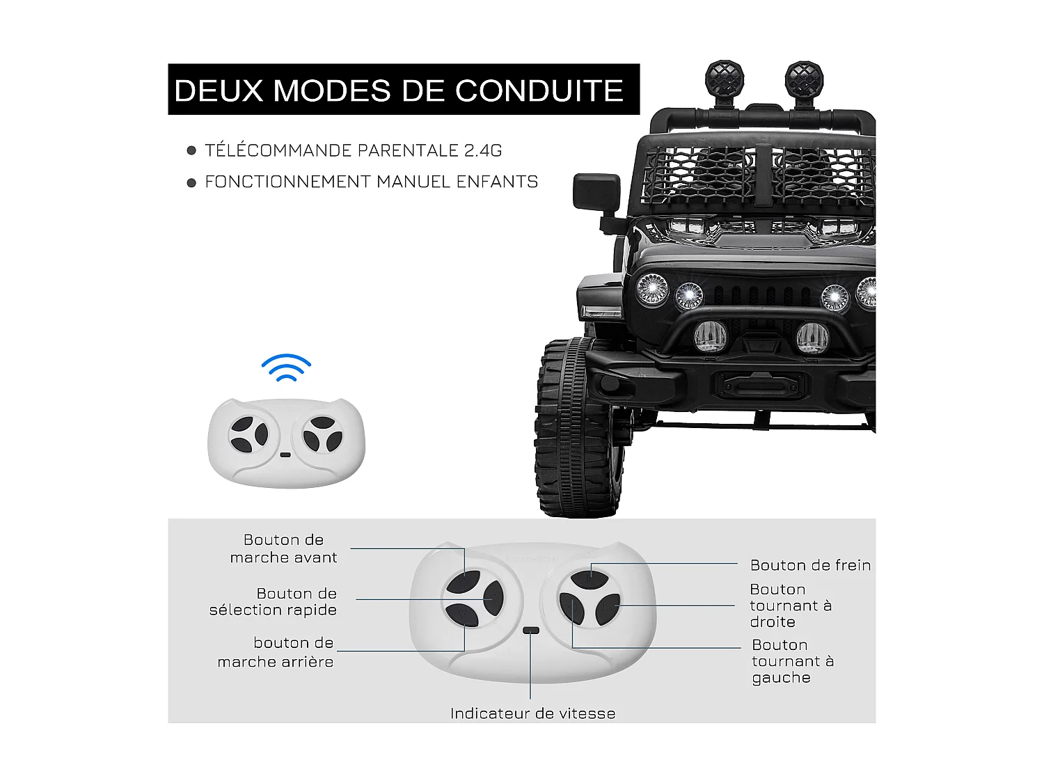 Voiture 4x4 électrique enfant 2 moteurs 35 W 5 Km/h max. télécommande incluse effets lumineux sonores noir