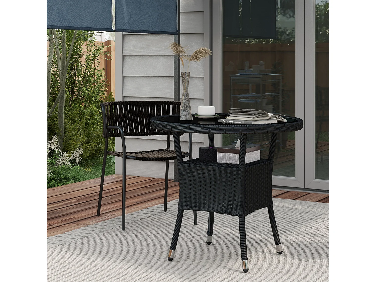 Table ronde de jardin résine tressée plateau verre trempé avec étagère noir