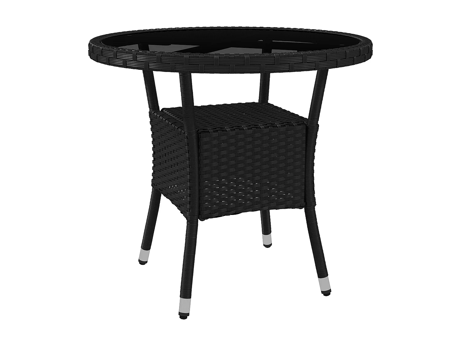 Table ronde de jardin résine tressée plateau verre trempé avec étagère noir