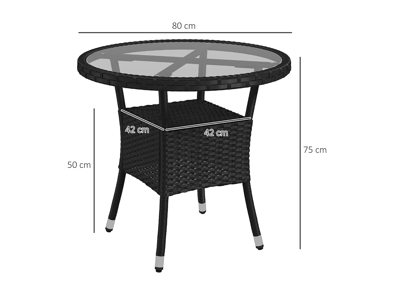 Table ronde de jardin résine tressée plateau verre trempé avec étagère noir