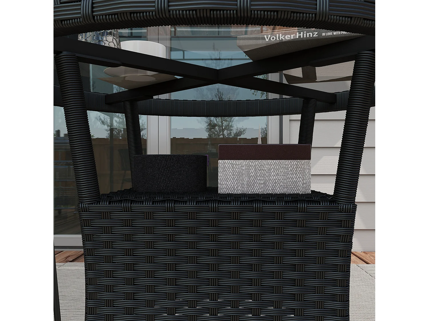 Table ronde de jardin résine tressée plateau verre trempé avec étagère noir