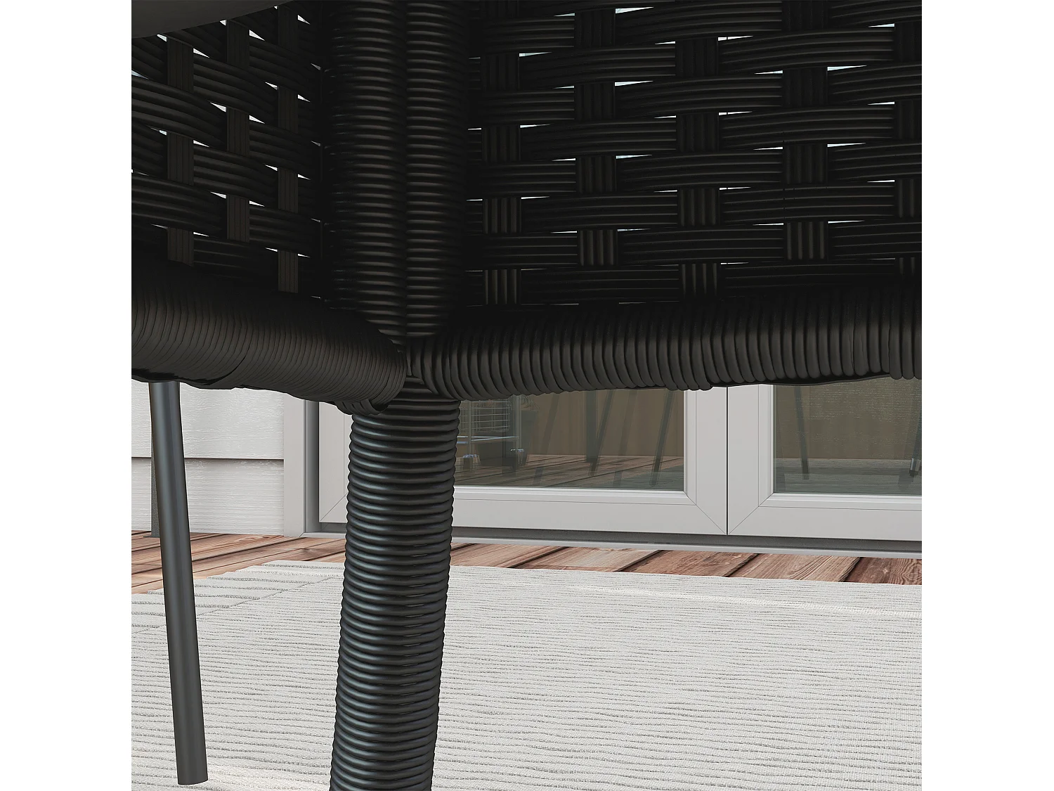 Table ronde de jardin résine tressée plateau verre trempé avec étagère noir