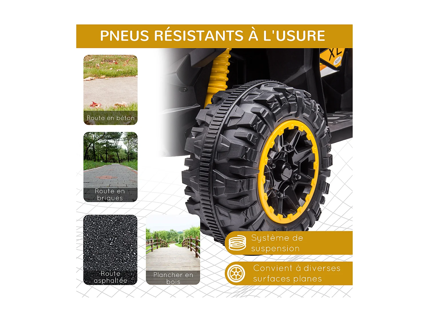 Quad buggy électrique enfant 12 V 3 Km/h max. effets lumineux et sonores jaune noir